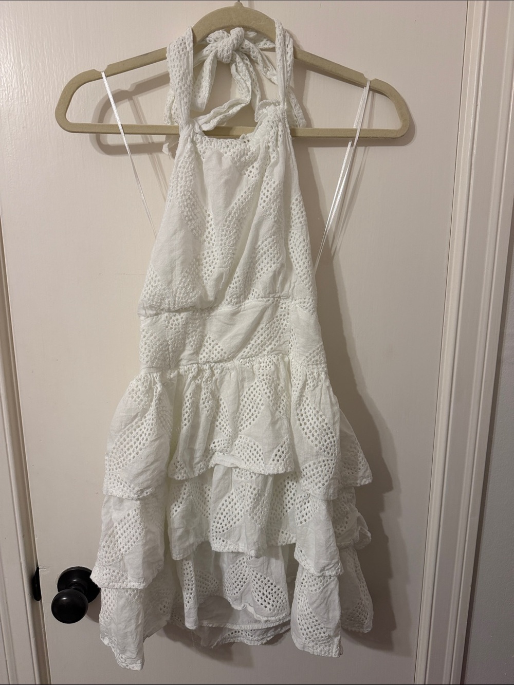 Boutique White Eyelet Halter Tiered Dress